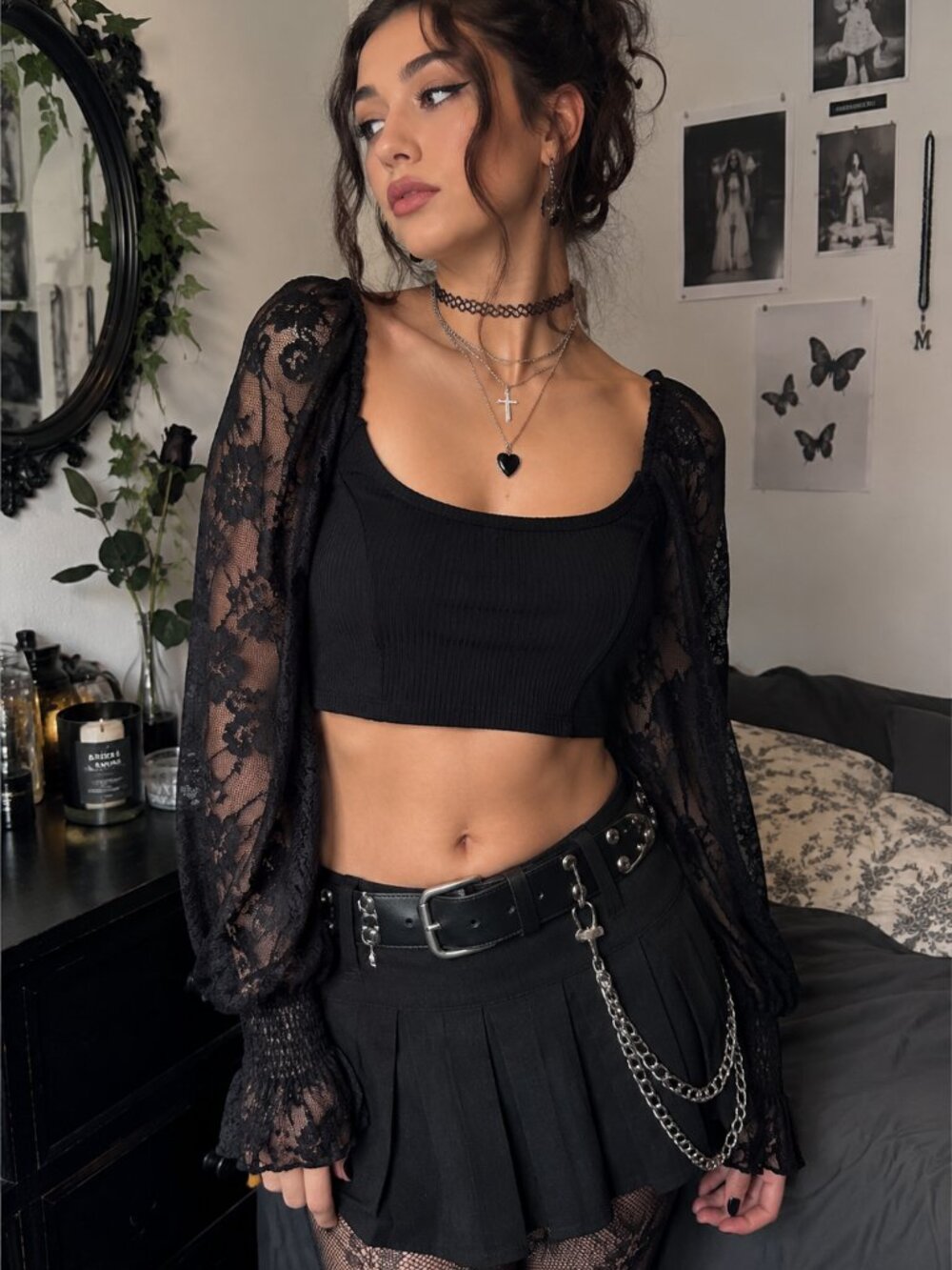 Urban Outfitters Black Lace Bishop Sleeve Crop Top Whimsigoth Y2K Goth